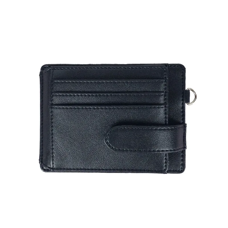 Card holder hitam dengan slot kartu bertingkat, tali penutup berkancing di sisi kanan, dan cincin logam kecil di sudut atas, di atas latar putih