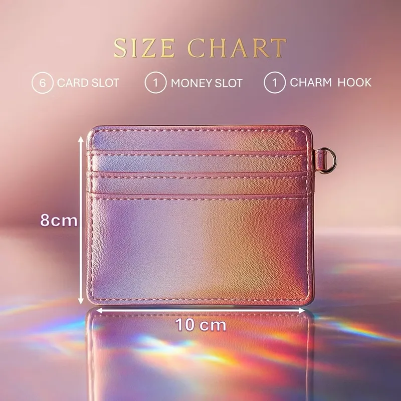 Card holder hologram berwarna merah muda keunguan dengan beberapa slot kartu dan ring logam di sisi kanan, disertai tulisan size chart 6 card slot, 1 money slot, 1 charm hook, tinggi 8 cm, dan lebar 10 cm