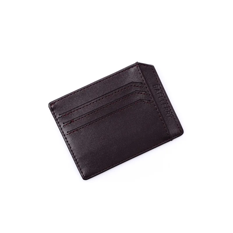 Card holder tipis berwarna cokelat tua dengan beberapa slot kartu di bagian depan, diletakkan miring di atas latar putih polos