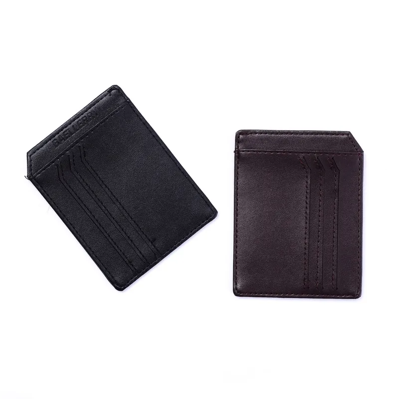 Dua card holder hitam dengan beberapa slot kartu, satu diletakkan miring dan satu tegak berdampingan di atas latar putih