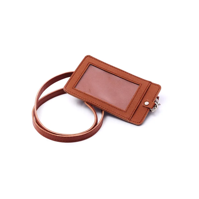 ID card holder cokelat dengan jendela transparan dan tali leher cokelat yang melingkar, di atas latar putih