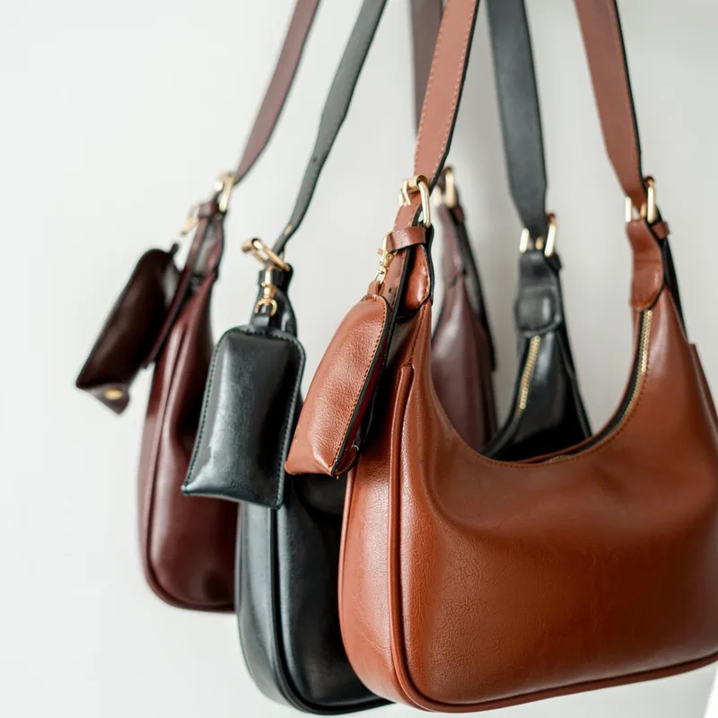 Tiga tas bahu bersiluet lengkung warna merah marun, hitam, dan cokelat tergantung berjajar, masing-masing dengan pouch mini di tali