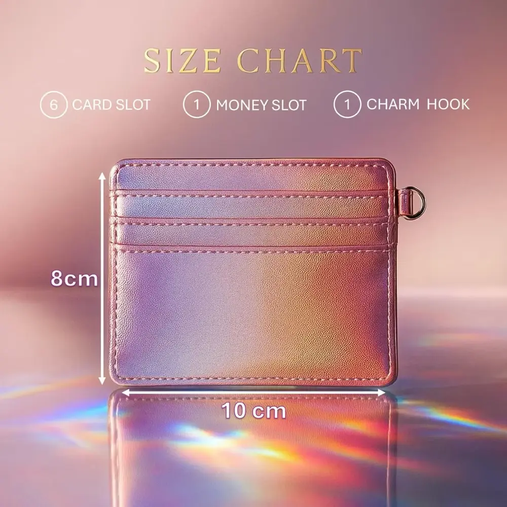 Size chart Card Holder Hologram 10 x 8 cm dengan 6 slot kartu, 1 slot uang, 1 kaitan charm